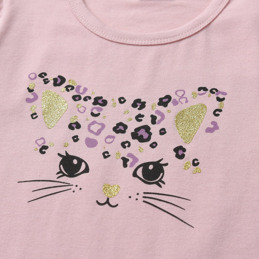 2-8Y Girls Long Sleeve Casual Dress Cute Cat Leopard Print A Line Dress