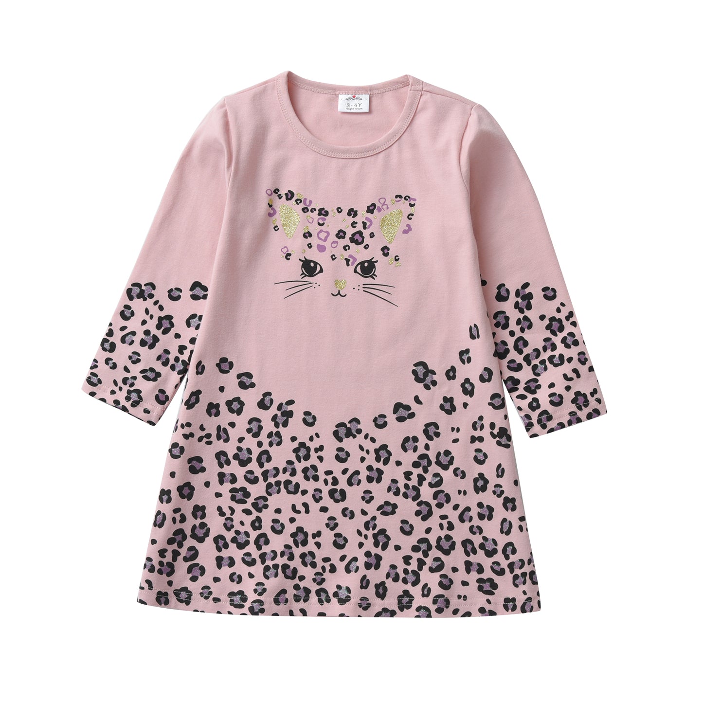 2-8Y Girls Long Sleeve Casual Dress Cute Cat Leopard Print A Line Dress