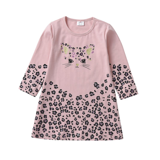 2-8Y Girls Long Sleeve Casual Dress Cute Cat Leopard Print A Line Dress