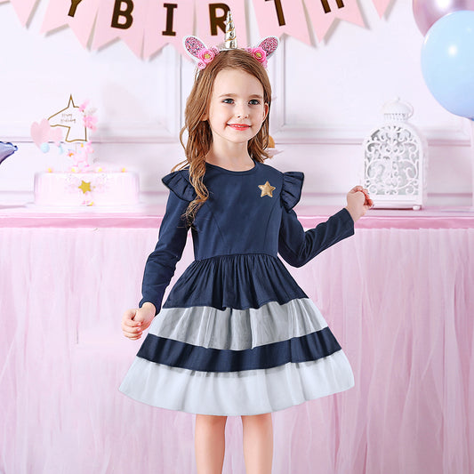 Vikita Denim Ruffle Long Sleeve Girl Toddler Dress 3-8T