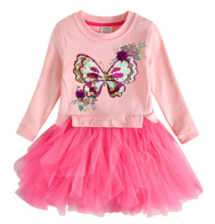 2-8Y Girls Tutu Dress Pink Sequins Butterfly with 3D Flower Sweatshirt Top Tutu Dress