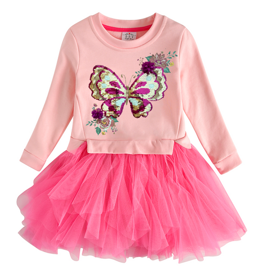 2-8Y Girls Tutu Dress Pink Sequins Butterfly with 3D Flower Sweatshirt Top Tutu Dress