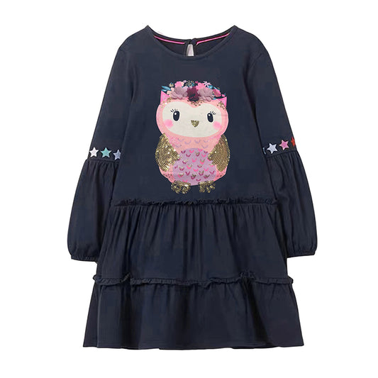 2Y-8Y Girls Long Sleeve Dress Sequins Bird Pattern Casual Dress for Girls Toddler