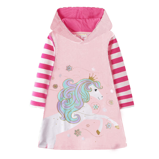 Unicorn Sequined A Line Girl Toddler Cotton Striped Long Sleeve Hooded Dress