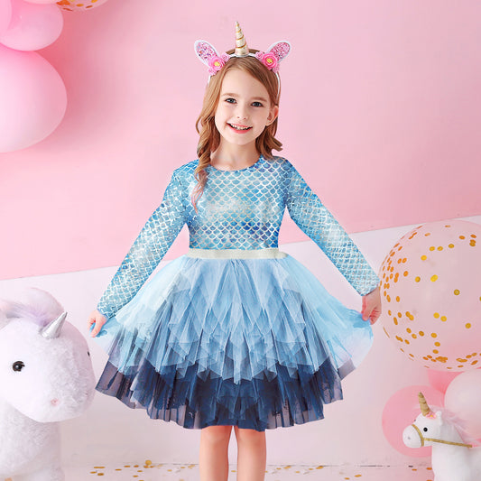 Blue Mermaid Princess Party Long Sleeve Toddler Girl Tutu Dress
