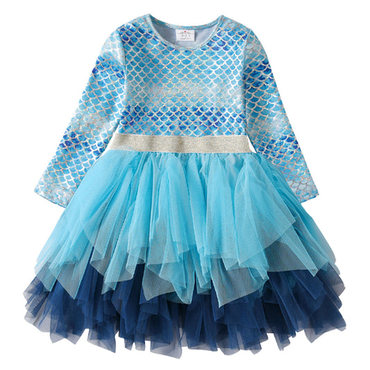 Blue Mermaid Princess Party Long Sleeve Toddler Girl Tutu Dress