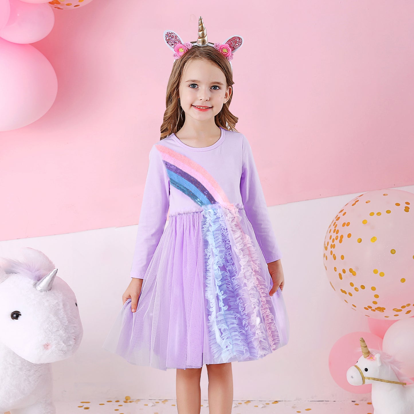Rainbow Sequined Purple Ruffle Long Sleeve Toddler Dress