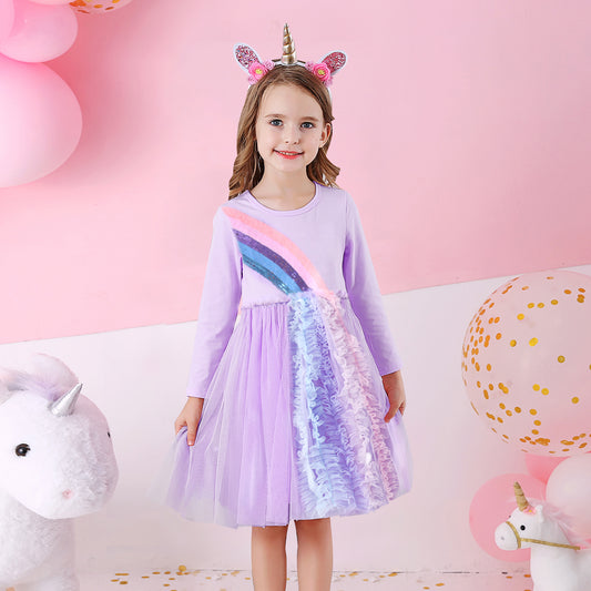 Rainbow Sequined Purple Ruffle Long Sleeve Toddler Dress