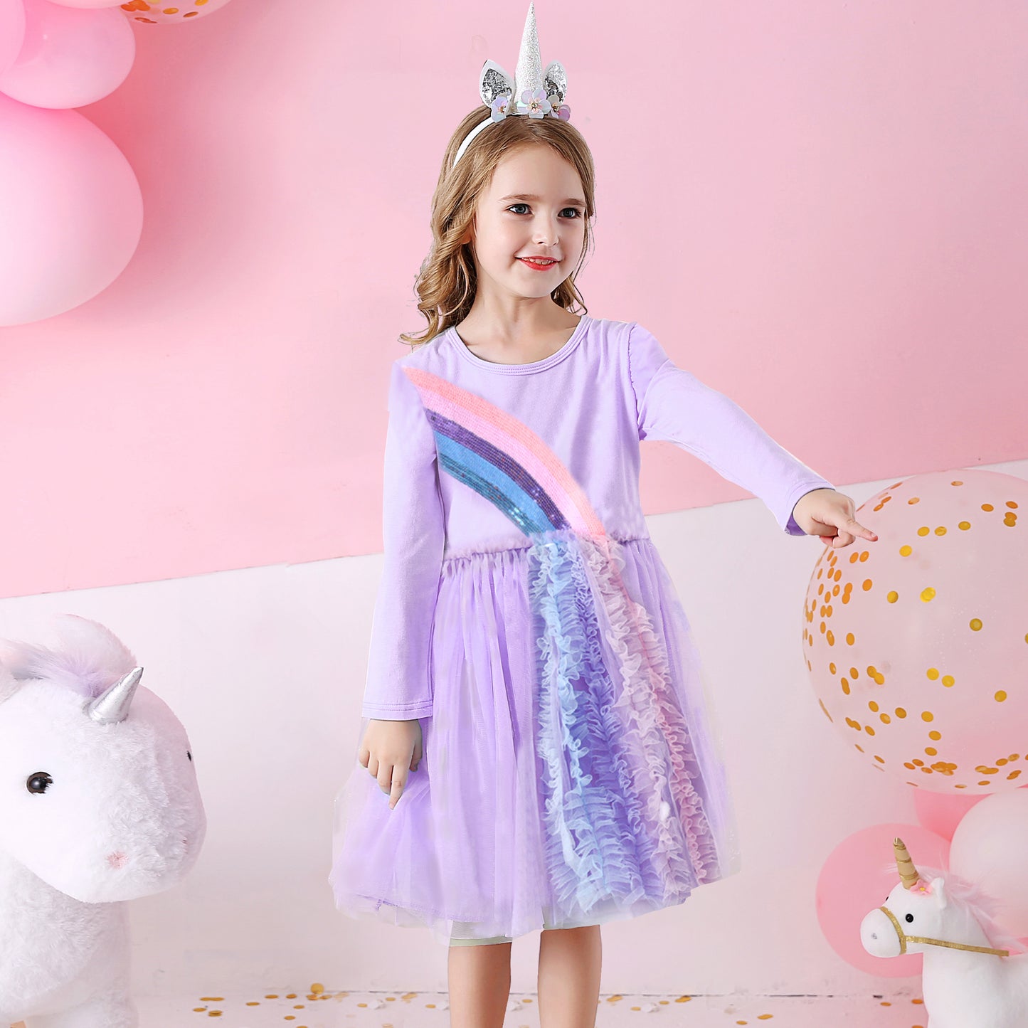 Rainbow Sequined Purple Ruffle Long Sleeve Toddler Dress