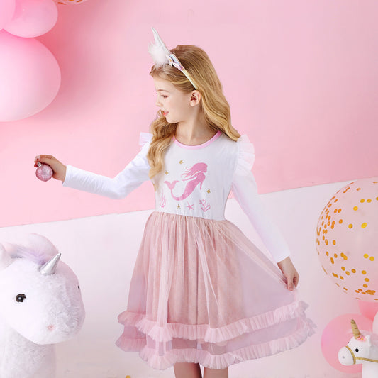 Mermaid Pattern Ruffle Dress Pink Girl Toddler Long Sleeve Dress for 3-8T