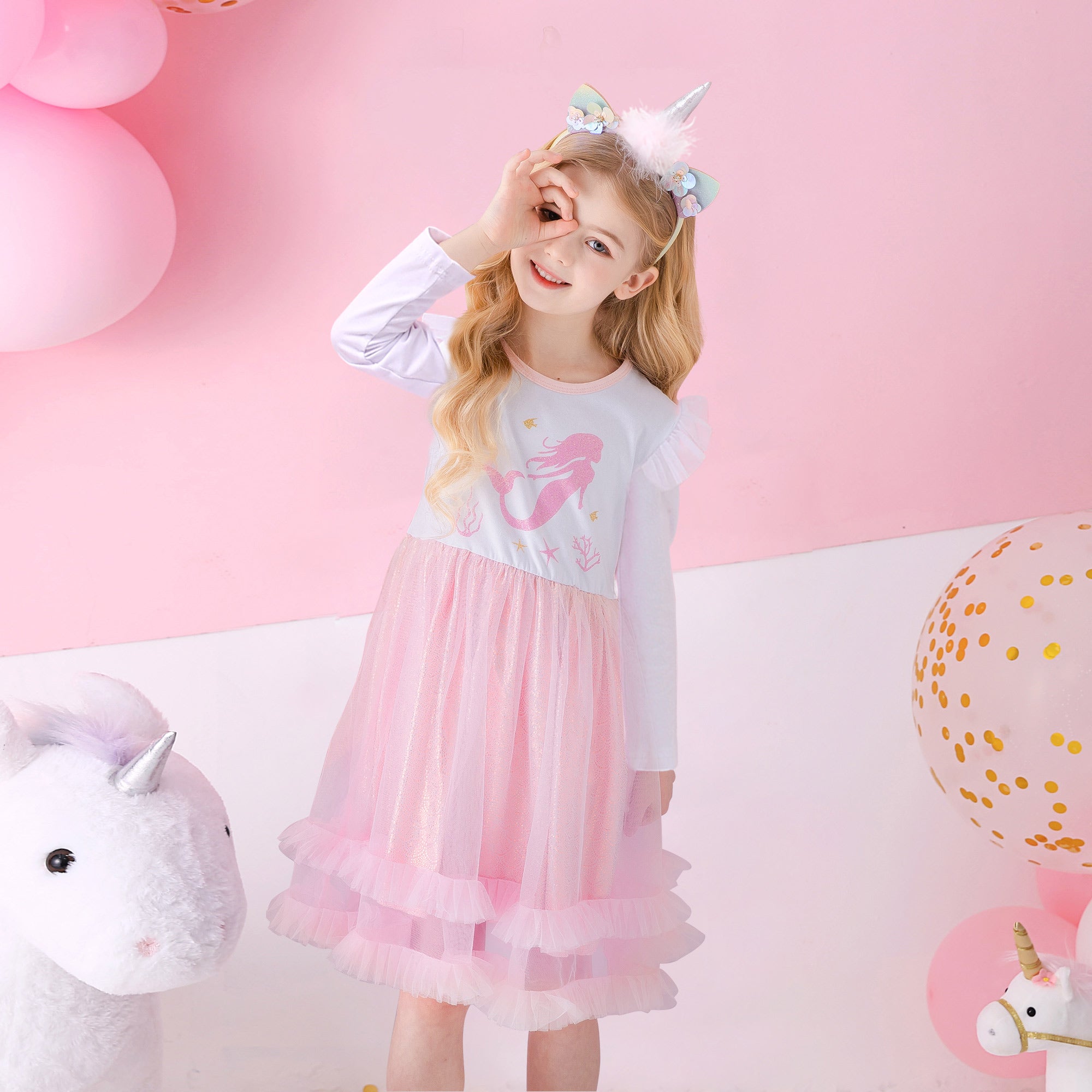Mermaid Pattern Ruffle Dress Pink Girl Toddler Long Sleeve Dress for 3-8T
