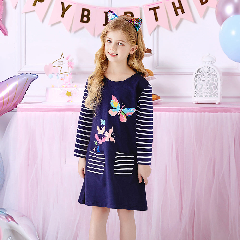 Butterfly Printed Striped Long Sleeve A Line Cotton Dress