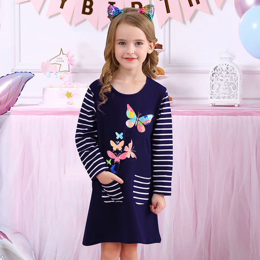 Butterfly Printed Striped Long Sleeve A Line Cotton Dress
