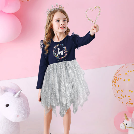 Print Unicorn Irregular Tulle Girl Toddler Party Tutu Dress