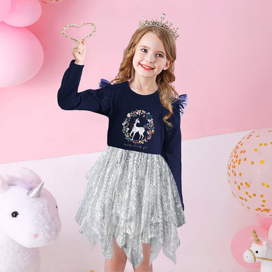 Print Unicorn Irregular Tulle Girl Toddler Party Tutu Dress