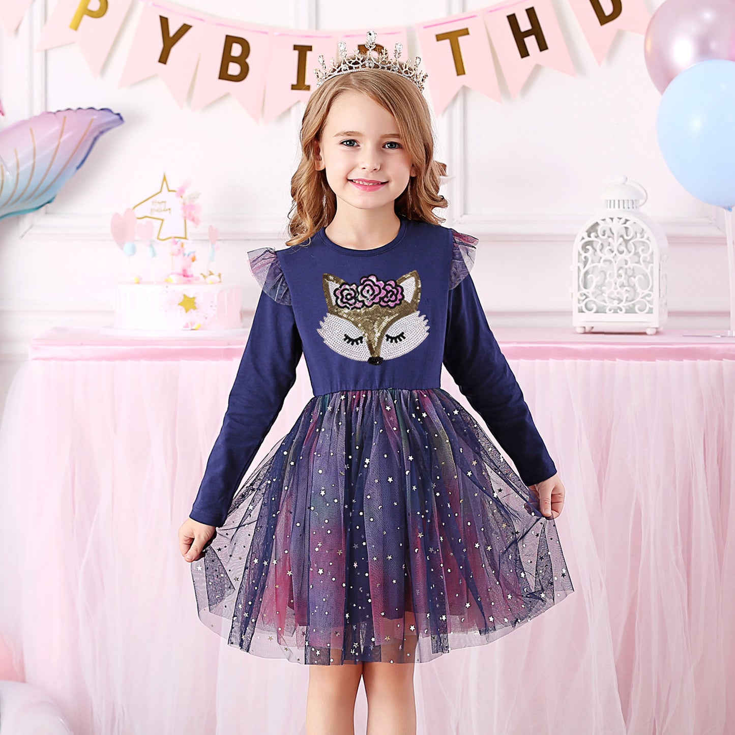 3-8T Princess Lovely Fox Toddler Tutu Girl Dress for Birthday Party