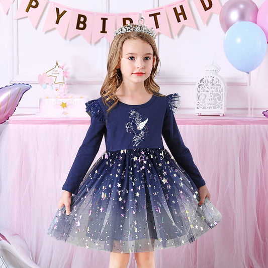 Unicorn Shape Pattern Bot Tulle Girl Toddler Dress for Brithday Party