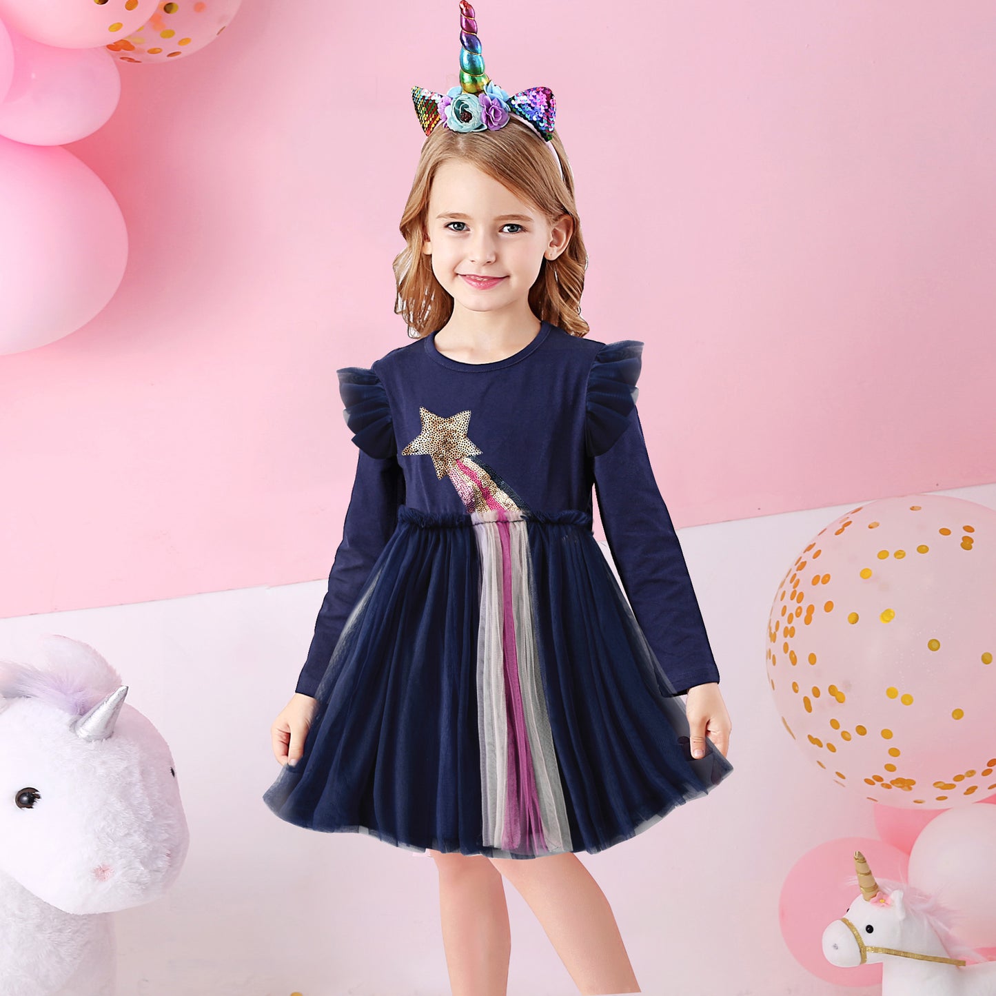 Star Comet Sequined Girl Toddler Long Sleeve Tutu Dress