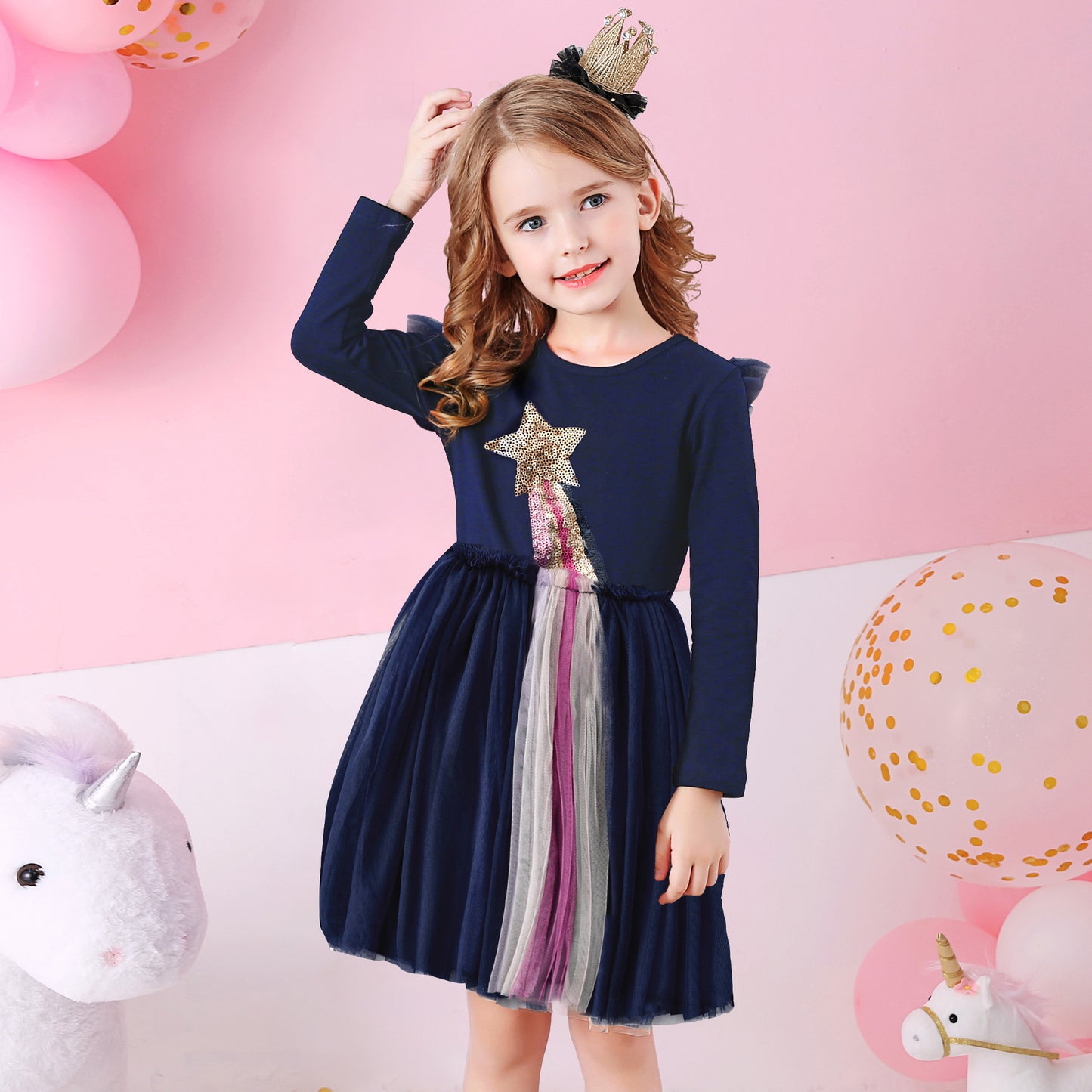 Star Comet Sequined Girl Toddler Long Sleeve Tutu Dress