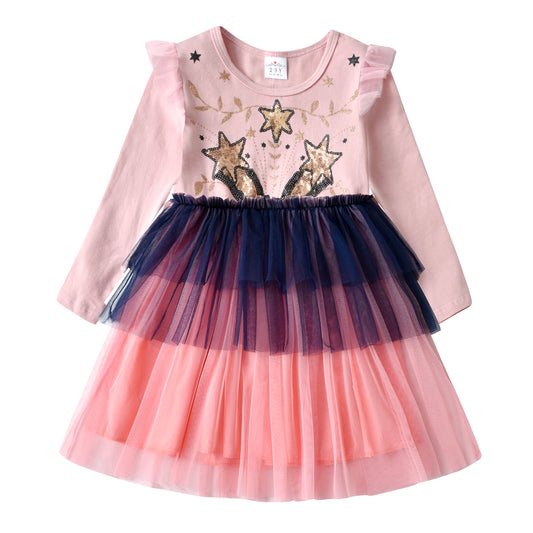 Super Star Sequined Lovely Girl Toddler Layered Long Sleeve Tutu Dress