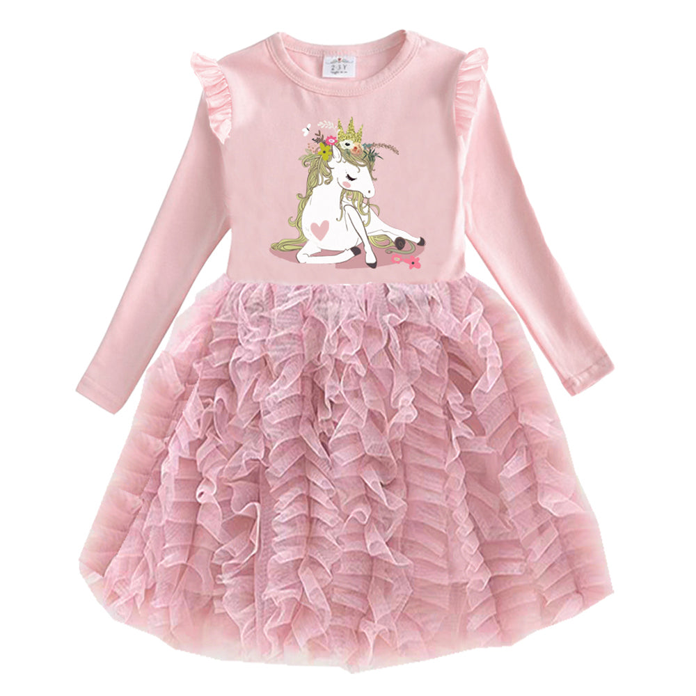Unicorn Tulle Girl Toddler Long Sleeve Dress for Birthday Party