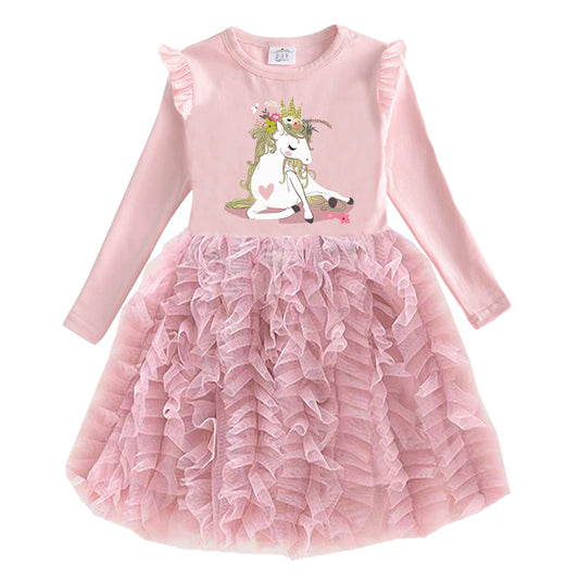 Unicorn Tulle Girl Toddler Long Sleeve Dress for Birthday Party