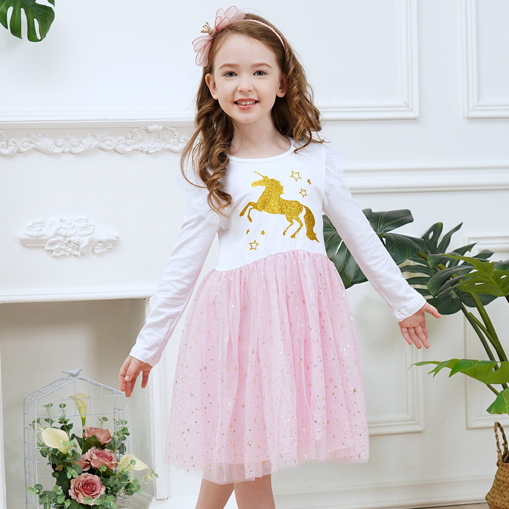 2Y-12Y Girls Tutu Dress Sparkle Unicorn Star Glitter Tulle Long Sleeve Girls Dress