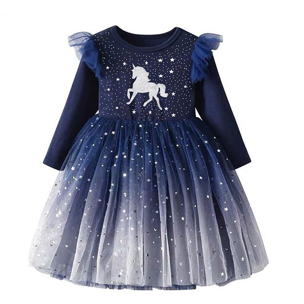 Unicorn Pattern Starry Sky Tulle Lovely Toddler Fall Winter Tutu Dress