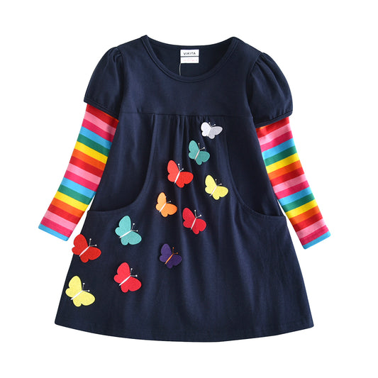 Colorful Butterfly A Line Girl Dress Rainbow Long Sleeve Toddler Winter Dress