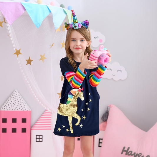 Bling Unicorn Sequined Rainbow Striped Long Sleeve Dress for Toddler