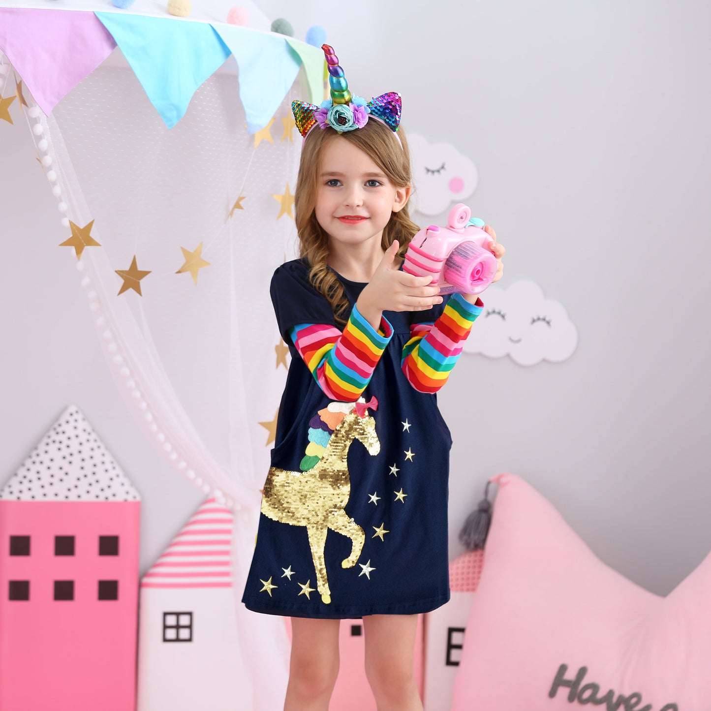 2Y-8Y Girls Rainbow Clothes Set Sequins Unicorn Top + Rainbow Pant