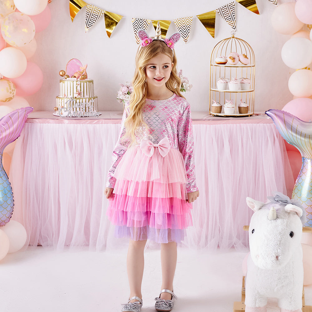 2-8Y Pink Princess Mermaid Pattern Bowknot Tulle Tutu Dress for Girls Toddler