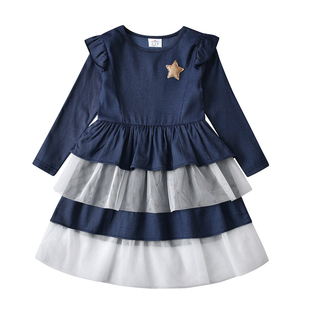 Vikita Denim Ruffle Long Sleeve Girl Toddler Dress 3-8T