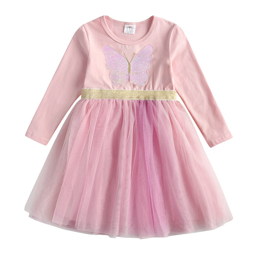 Butterfly Sequined Long Sleeve Toddler Winter Tutu Girl Dress for Party Brithday Daily