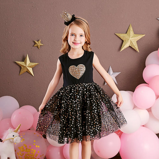 2Y-8Y Girls Summer Dress Sparkle Sequins Love Heart Dress Sleeveless Tulle Tutu Dress
