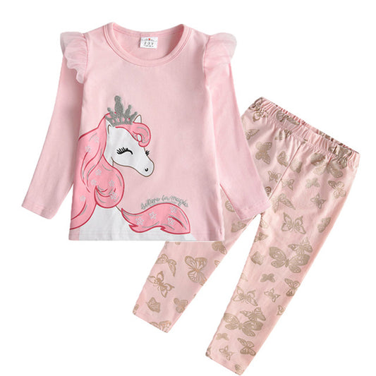 Unicorn Long Sleeve T-Shirt and Butterfly Leggings Pants Pink Set for Girl Toddler 3-8T