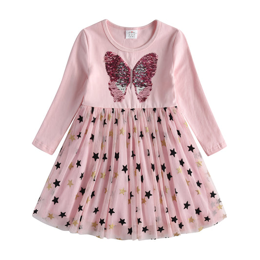 Butterfly Sequined Star Printed Soft Tulle Fall Winter Toddler Tutu Dress