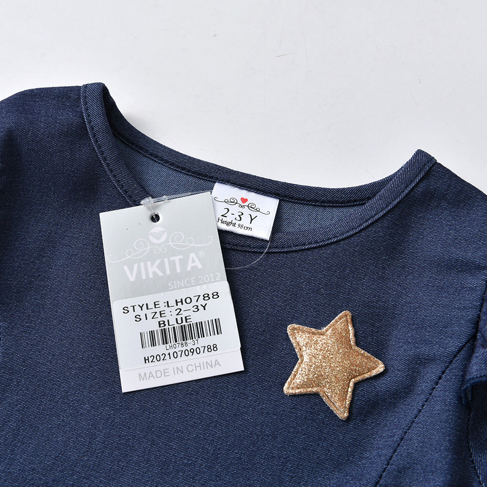 Vikita Denim Ruffle Long Sleeve Girl Toddler Dress 3-8T