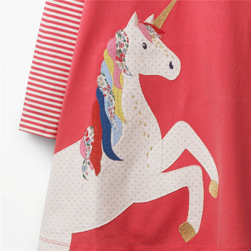 VIKITA Splicing Unicorn A Line Stripe Long Sleeve Girls Dress for Casual