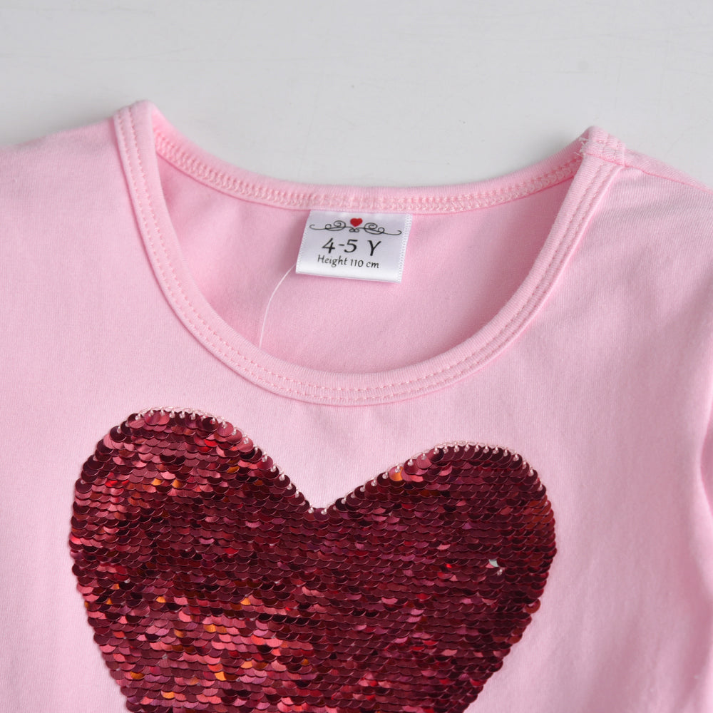 Love Heart Sequined Long Sleeve Fall Tollder Cotton Girl Dress