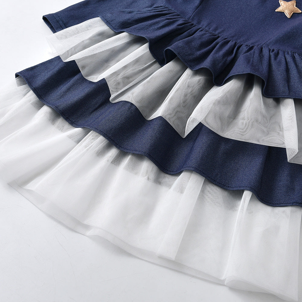 Vikita Denim Ruffle Long Sleeve Girl Toddler Dress 3-8T