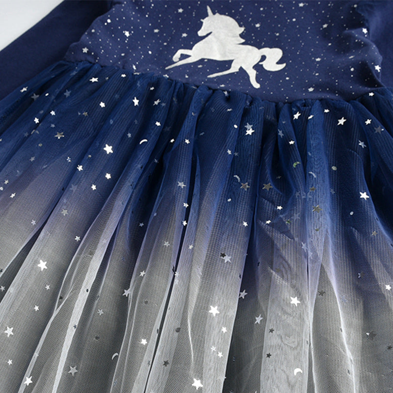 Unicorn Pattern Starry Sky Tulle Lovely Toddler Fall Winter Tutu Dress