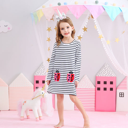 Cartoon Ladybug Long Sleeve A Line Stripe Dress and Ladybug Stripe Pants Set