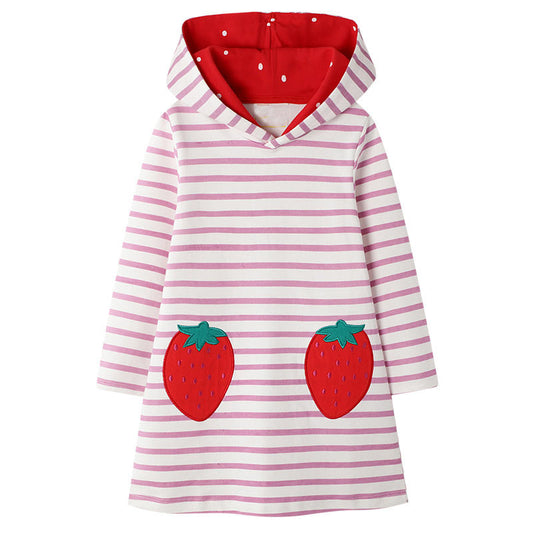 Strawberry Pattern A-Line Color Block Long Sleeve Toddler Causal Girl Dress