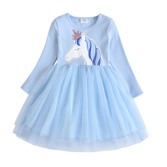 Cartoon Unicorn Blue Tulle Toddler Girl Tutu Long Sleeve Dress
