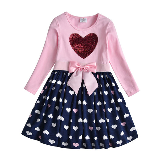 Love Heart Sequined Long Sleeve Fall Tollder Cotton Girl Dress