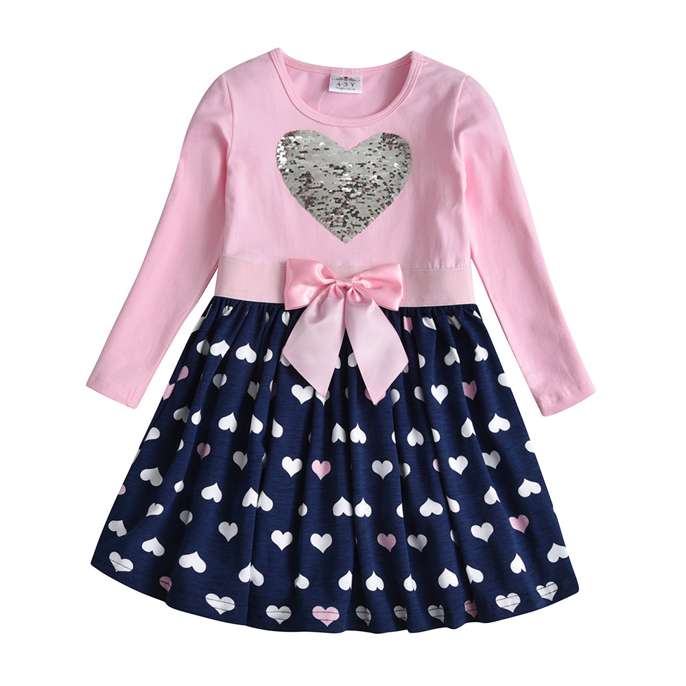 Love Heart Sequined Long Sleeve Fall Tollder Cotton Girl Dress