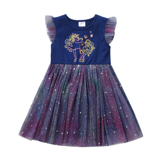 2Y-8Y Girls Sleeveless Dress Blue Embroidery Unicorn Sparkle Starry Sky Tulle Tutu Dress
