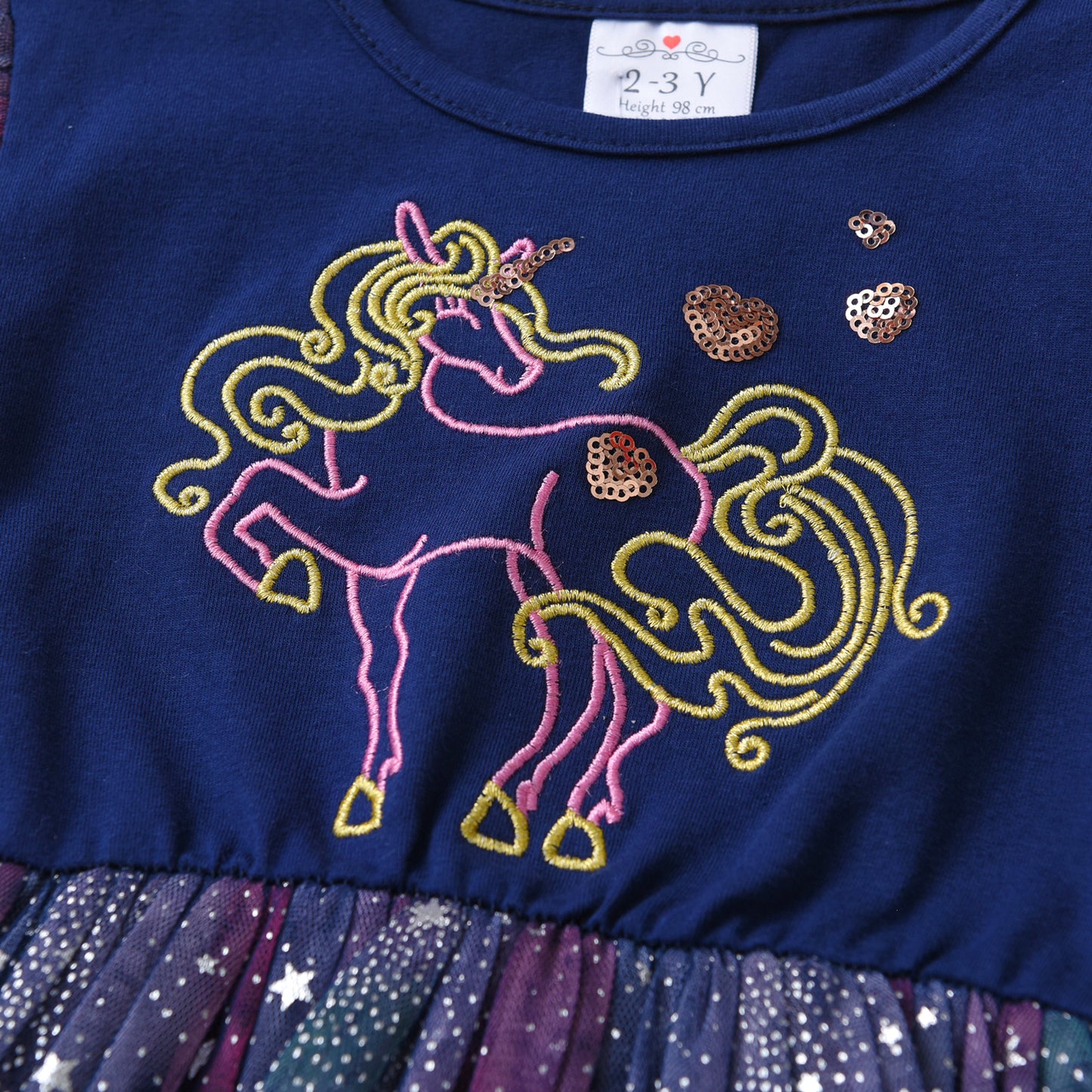 2Y-8Y Girls Sleeveless Dress Blue Embroidery Unicorn Sparkle Starry Sky Tulle Tutu Dress