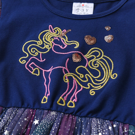 2Y-8Y Girls Sleeveless Dress Blue Embroidery Unicorn Sparkle Starry Sky Tulle Tutu Dress